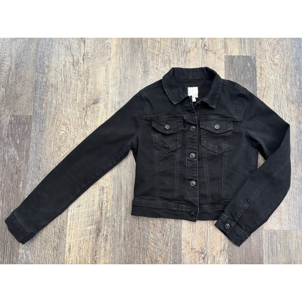 Wax Jean Womens Small Black Denim Trucker Jacket Style 90243 Stretch Cropped